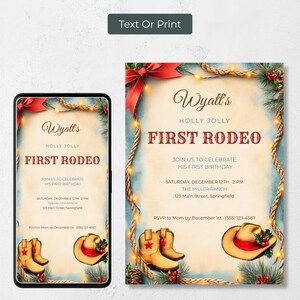 Cowboy Christmas first birthday invitation shown as a 5x7 printable card and a phone evite, so you can text it to guests or print it at home