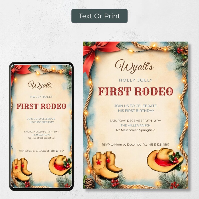 Cowboy Christmas first birthday invitation shown as a 5x7 printable card and a phone evite, so you can text it to guests or print it at home