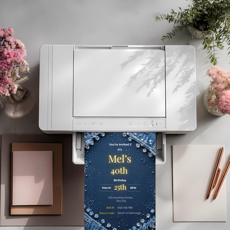Printed denim and diamonds birthday invitation showing 5x7 design with denim texture background, sparkly diamond details and editable text layout