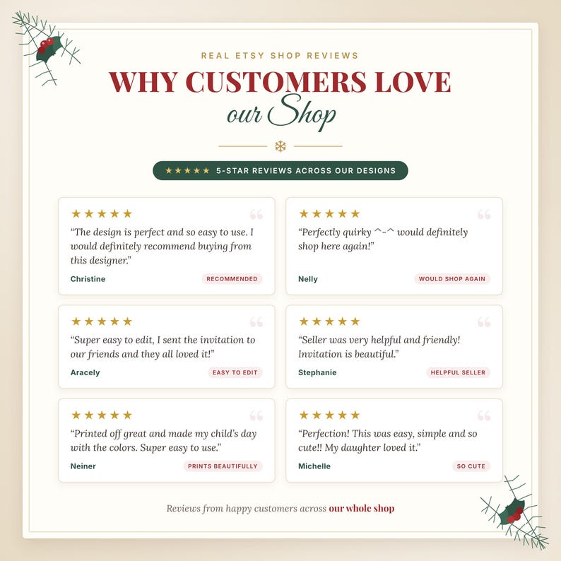 Five-star reviews from PR Creative Digital customers praising easy Canva editing, beautiful printing and friendly service