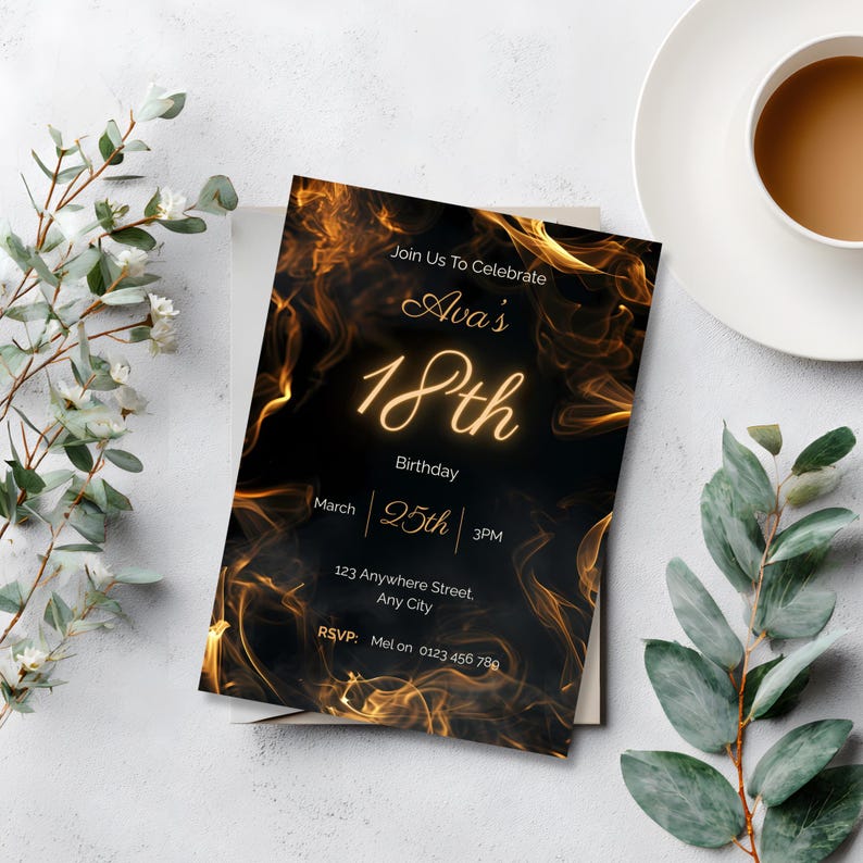 Black and gold 18th birthday invitation template with dramatic swirling gold smoke on dark background editable in Canva