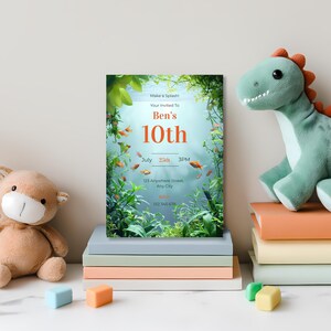 Aquarium birthday invitation styled with party decorations, showing vibrant underwater theme for boys’ birthday
