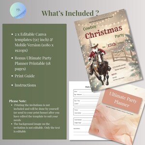 Infographic listing what's included with the Cowboy Christmas Invitation: two editable Canva templates, mobile version, and free 18-page party planner bonus.