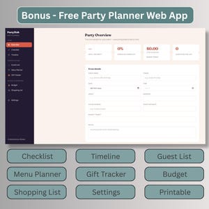 Free digital party planner web app bonus with checklist, budget, and guest list tools