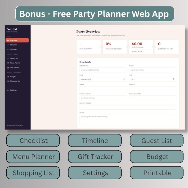 Free digital party planner web app bonus with checklist, budget, and guest list tools