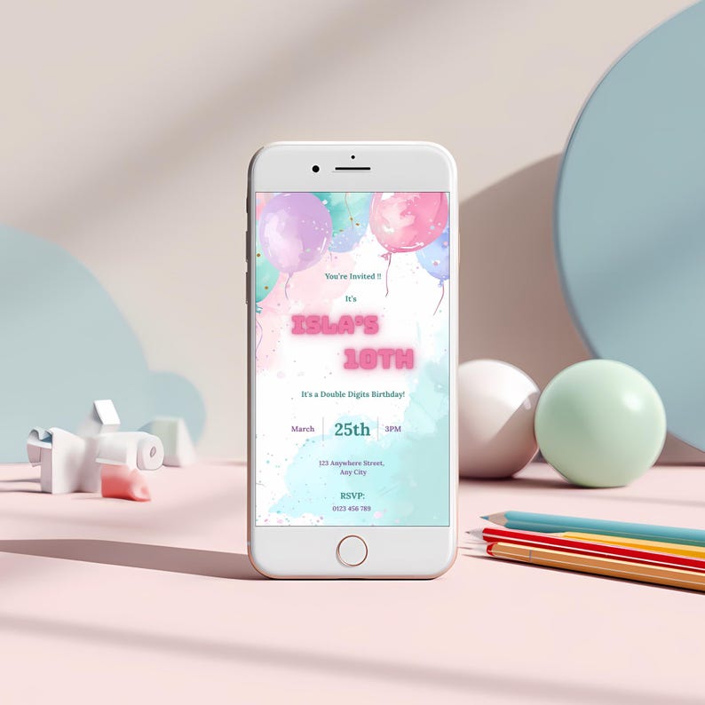 Mobile birthday invitation 1080x1920px, editable pastel balloon design for texting or social sharing