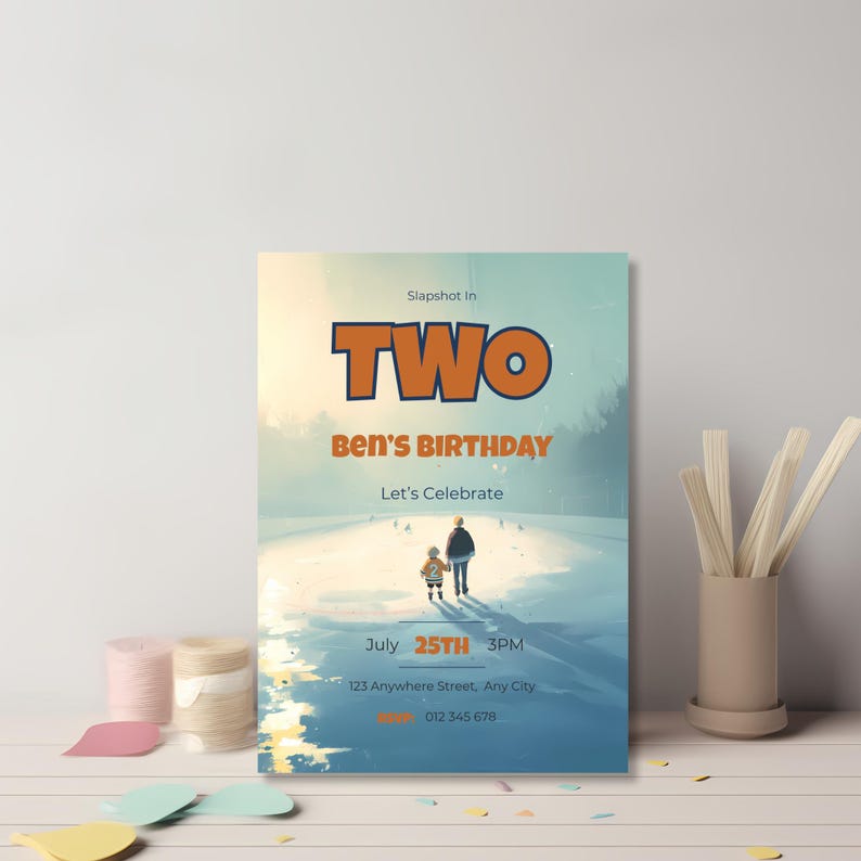 Ice hockey 2nd birthday invitation with cinematic illustration of child and parent walking onto rink, “Slapshot Into TWO” text and editable party details