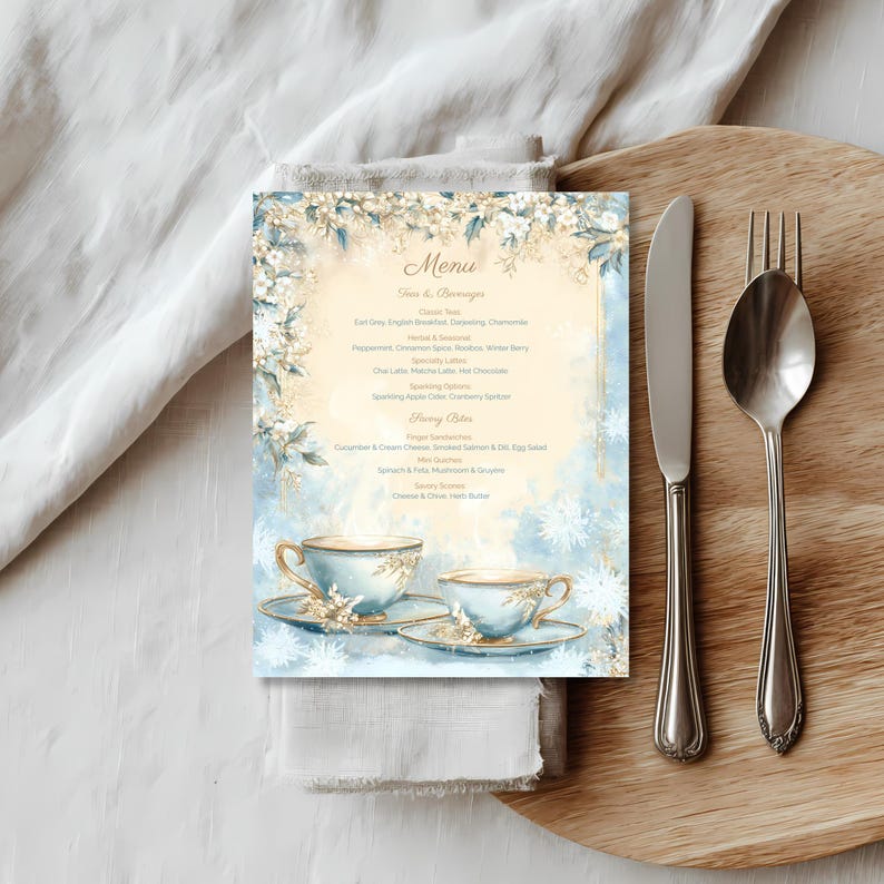Winter tea party menu template styled on a plate with cutlery, elegant blue and cream design