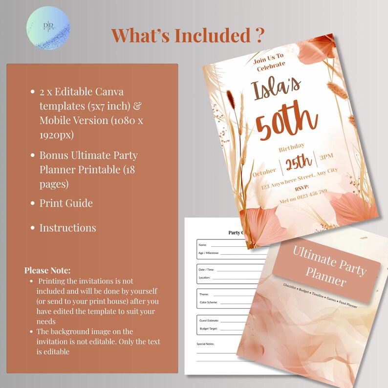 Infographic listing what's included with the boho birthday invitation template: editable Canva files, mobile version, bonus party planner, and print guide