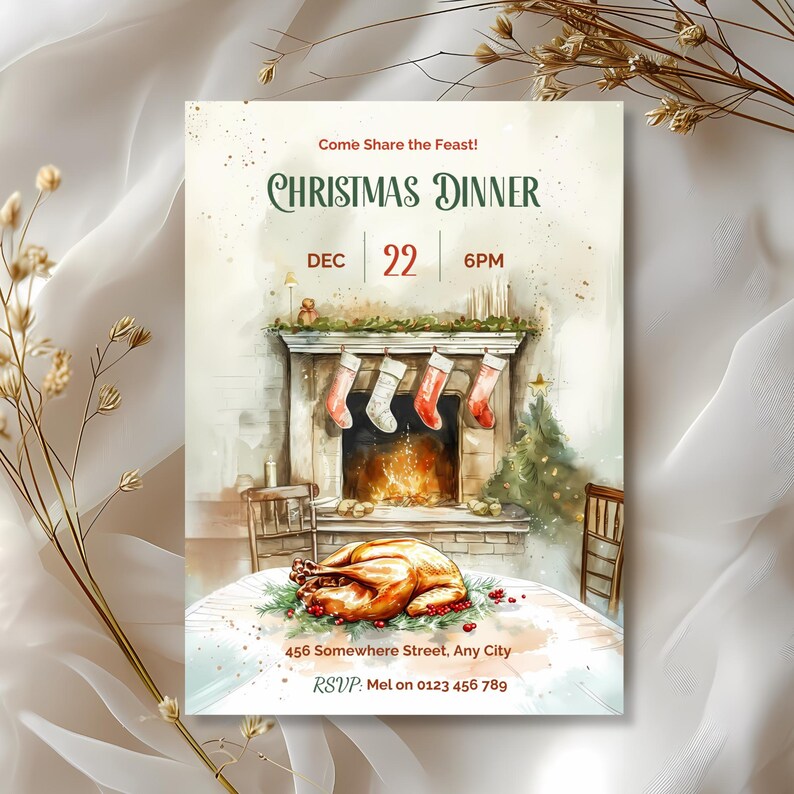 Cozy watercolor Christmas dinner invitation with a crackling fireplace, hung stockings, Christmas tree and roast turkey on a styled table