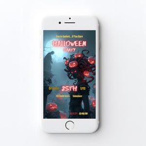 Editable Halloween party invitation mobile version shown on smartphone, Medusa jack-o-lantern design, 1080x1920 digital invite template