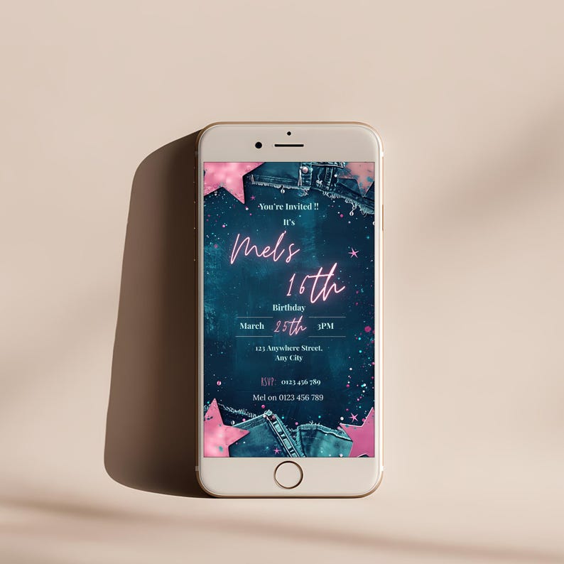 Editable Denim and Diamonds Sweet 16 birthday invitation displayed on mobile phone screen, Canva template preview