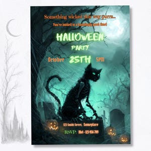 Printable Halloween party invitation with horror zombie cat design, shown as styled 5x7 inch print, editable in free Canva, instant digital download
