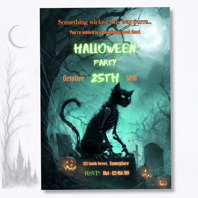 Printable Halloween party invitation with horror zombie cat design, shown as styled 5x7 inch print, editable in free Canva, instant digital download