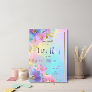 Editable pastel floral birthday invitation template flat lay with colorful pencils and paper shapes, custom girls birthday invite instant download