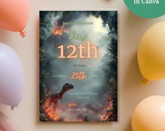 Dinosaur Birthday Invitation, Volcano T Rex Party Invite, Jurassic Dinosaur Canva Template