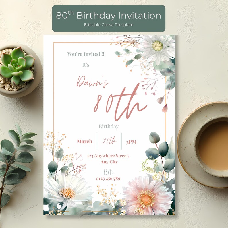 Editable 80th birthday invitation template with pastel floral watercolor design, garden party style Canva invite for women, 5x7 printable