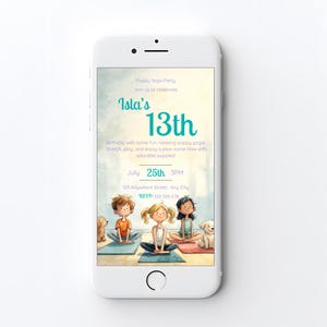 Editable puppy yoga 13th birthday invitation displayed on a phone screen, Canva template teen birthday invite