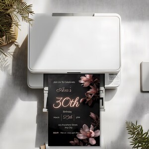 Black and blush 30th birthday invitation printing at home from a printer, editable Canva template ready to print