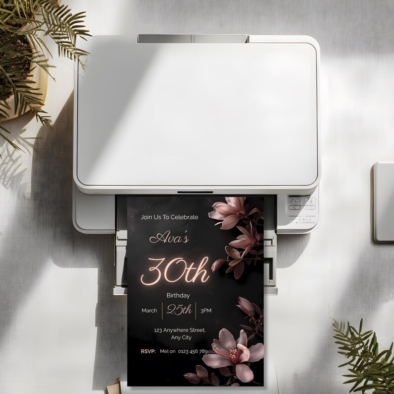 Black and blush 30th birthday invitation printing at home from a printer, editable Canva template ready to print