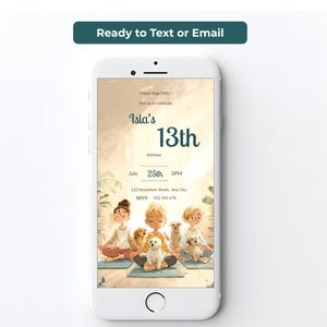 Personalized puppy yoga 13th birthday party invitation on a smartphone screen, ready to text or email to guests