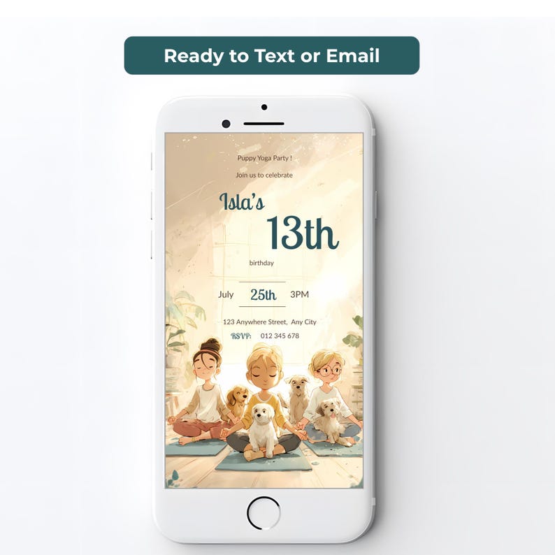 Personalized puppy yoga 13th birthday party invitation on a smartphone screen, ready to text or email to guests