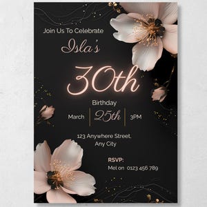 Black floral cocktail party invitation template with blush flowers and gold shimmer on white background, fully editable in Canva