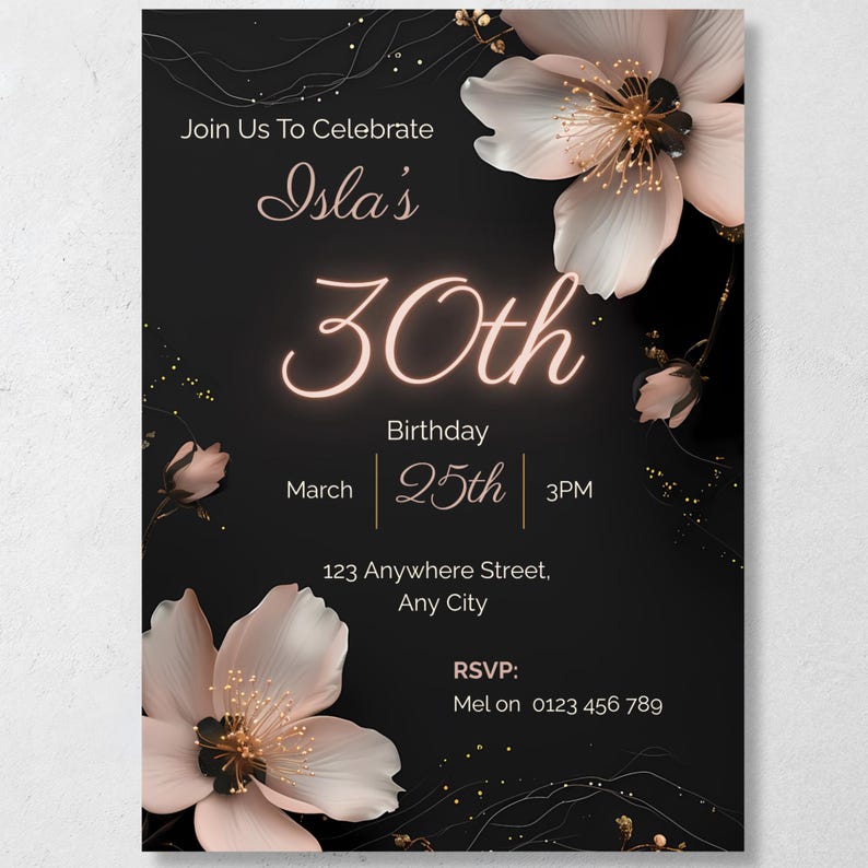 Black floral cocktail party invitation template with blush flowers and gold shimmer on white background, fully editable in Canva