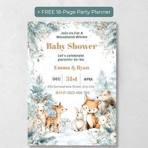 Editable woodland baby shower invitation template with free 18-page party planner bonus, snowy forest animal design
