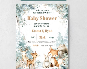 Woodland Baby Shower Invitation, Editable Canva Template, Winter Wonderland Forest Animal Invite, Snowy Pine, Instant Download