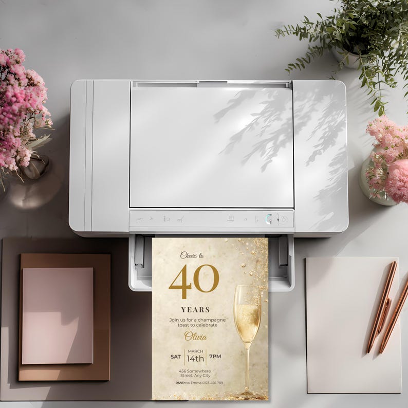 Printable 5x7 champagne birthday invitation coming out of a home printer, cream and gold Cheers to 40 Years design