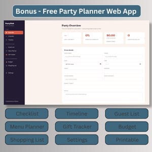 Free bonus digital party planner web app dashboard with checklist, timeline, budget, and guest list tools
