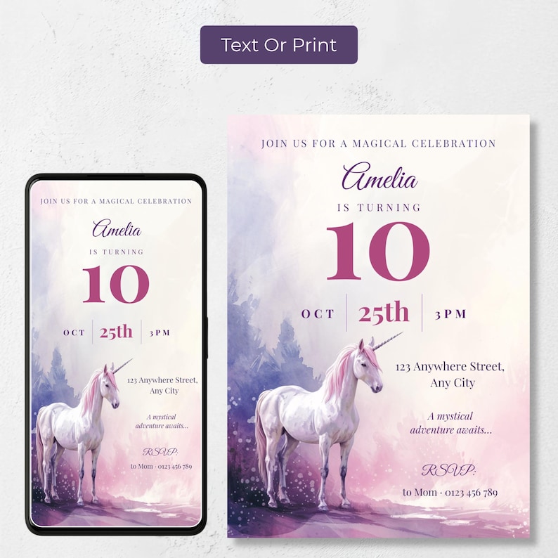 Purple watercolor unicorn birthday invitation shown as a mobile phone evite and a printable 5x7 card side by side, text or prin