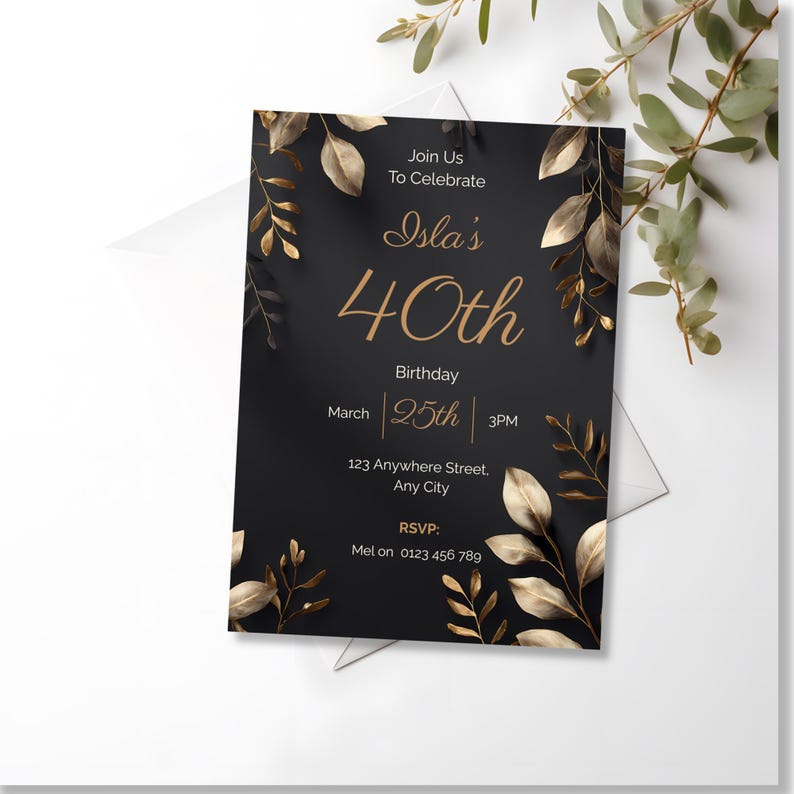 Elegant black and gold 40th birthday invitation with metallic botanical frame on dark matte background, luxury evening party design