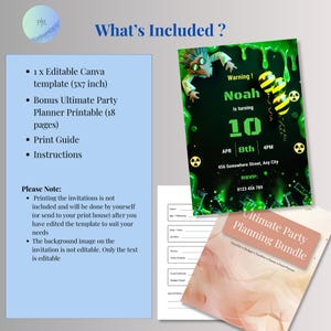 What’s included sheet showing editable Canva invitation template and bonus Ultimate Party Planner printable PDF with 18 pages