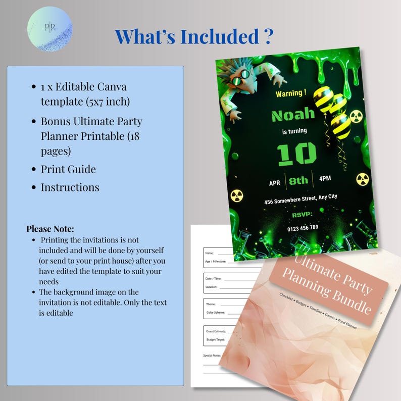 What’s included sheet showing editable Canva invitation template and bonus Ultimate Party Planner printable PDF with 18 pages