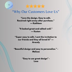 Five star customer reviews for fairy garden birthday invitation Canva template showing feedback praising easy editing, beautiful design and instant digital delivery