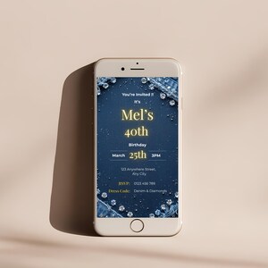 Denim and diamonds birthday invitation template displayed on mobile phone, editable Canva design with denim texture background and diamond sparkle accents
