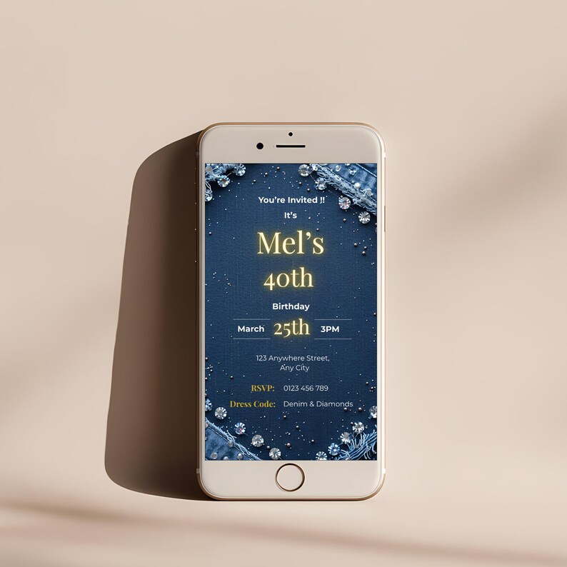 Denim and diamonds birthday invitation template displayed on mobile phone, editable Canva design with denim texture background and diamond sparkle accents
