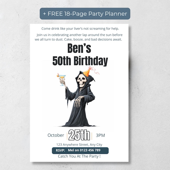 Funny Grim Reaper 50th Birthday Invitation