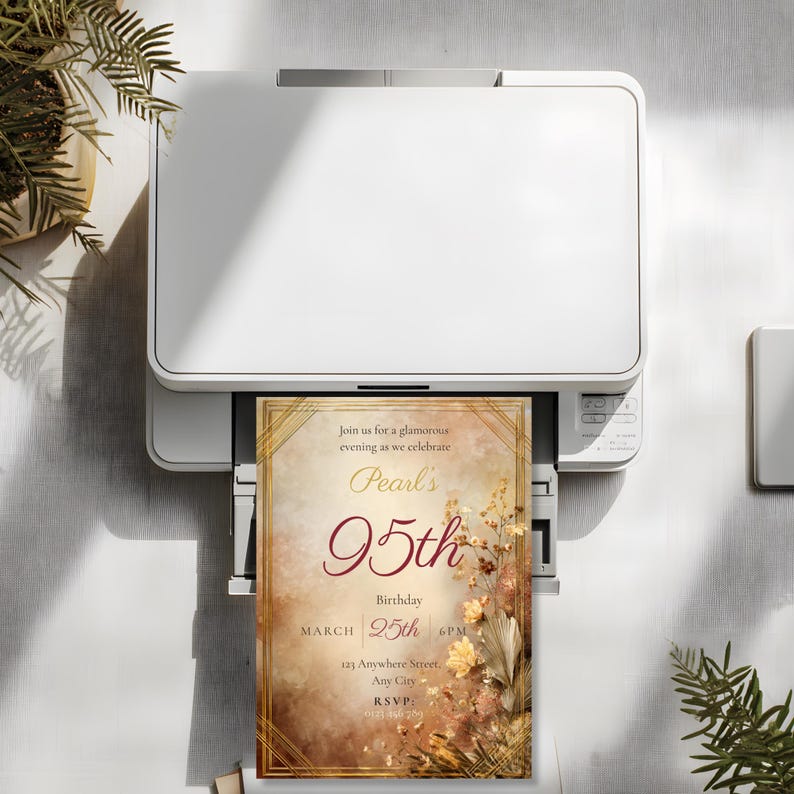 95th birthday invitation template printing from a white home printer, showing the full Art Deco amber floral design emerging from the printer tray