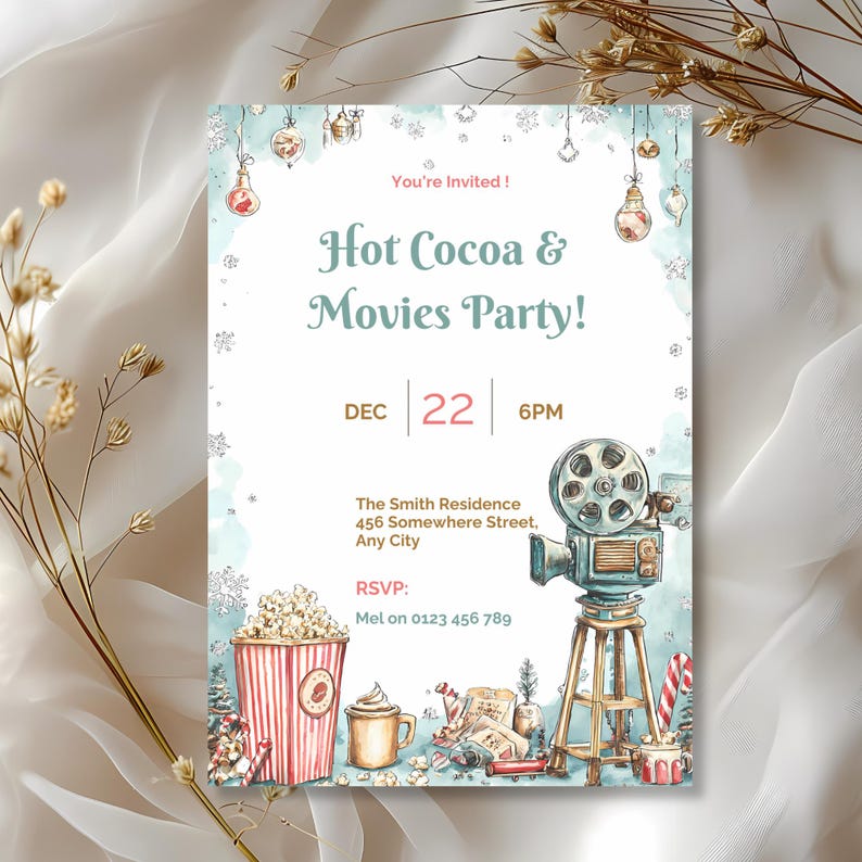 Hot cocoa and movies Christmas invitation styled with winter florals for a cozy holiday flat lay