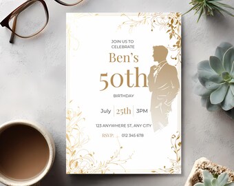 Elegant Birthday Invitation Luxury Men, White & Gold, Editable Canva Template, 30th 40th 50th 60th Birthday Invite for Him
