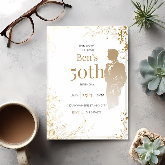 White & Gold Luxury Birthday Invitation for Men