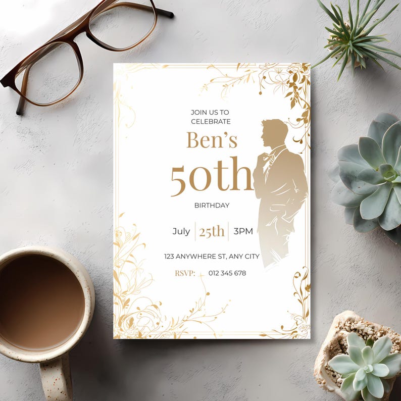 Gold and white elegant mens birthday invitation template with formal male silhouette, minimalistic design