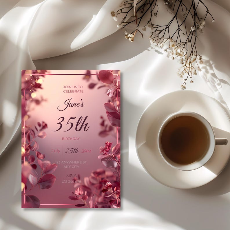 Pink moody floral birthday invitation with soft gradient center, 5x7 inch.