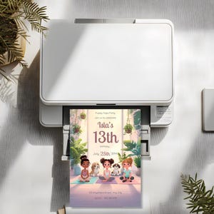 Printed puppy yoga birthday invitation showing three girls sitting on yoga mats with two small dogs in a calm pastel indoor setting, editable text for teen birthday party