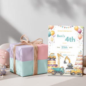 Cute digger birthday invitation template for kids, construction trucks decorating a cake birthday party invite
