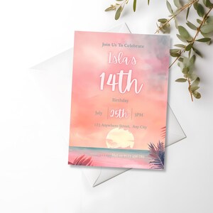 May include: A birthday invitation with a sunset design. The invitation reads "Join Us To Celebrate Isla's 14th Birthday July 25th 3PM". The invitation is on a white envelope with greenery in the background.