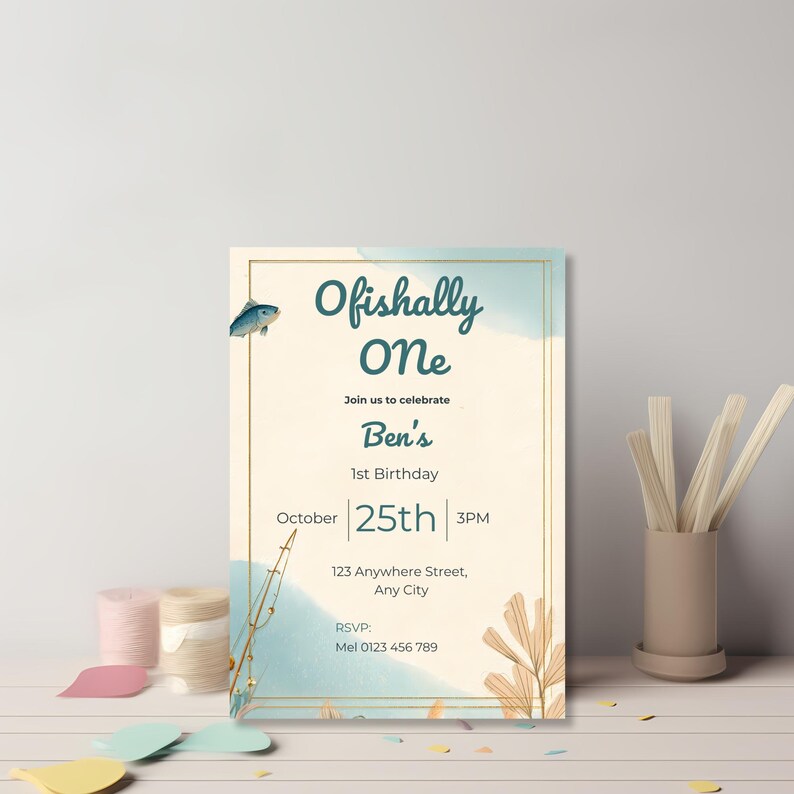 Ofishally One first birthday invitation template with neutral coastal beach and fishing theme editable in Canva